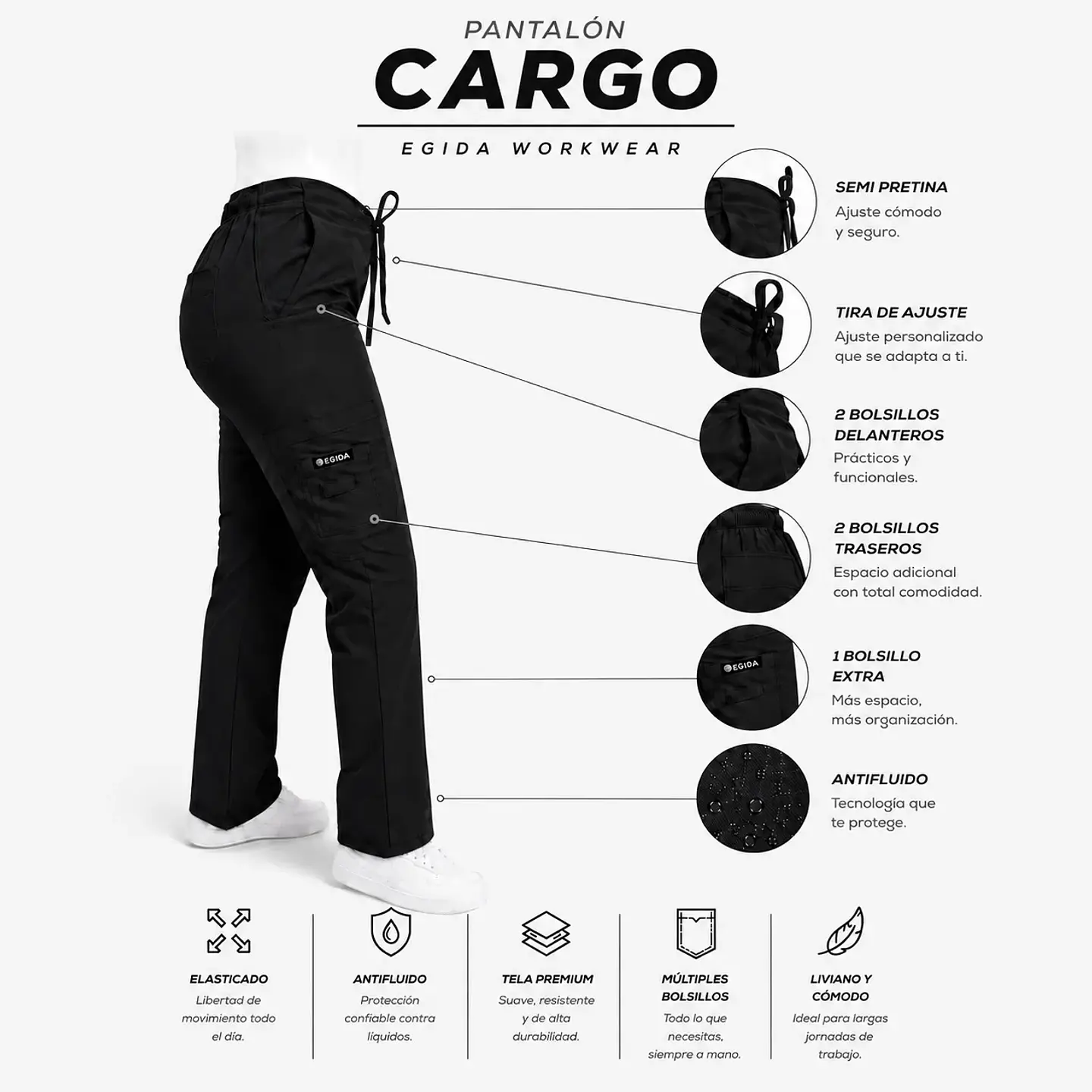 Pantalón Clínico para Mujer Modelo Cargo Antifluido Elasticado Negro 7