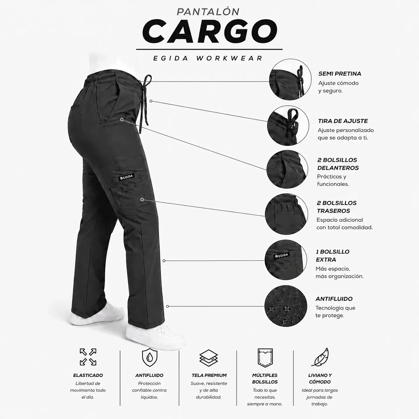 Pantalón Clínico para Mujer Modelo Cargo Antifluido Elasticado Gris marengo 6