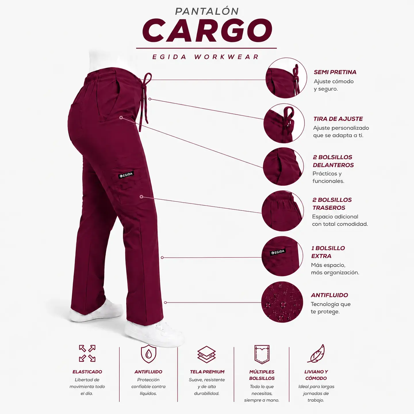 Pantalón Clínico para Mujer Modelo Cargo Antifluido Elasticado Ciruela 6