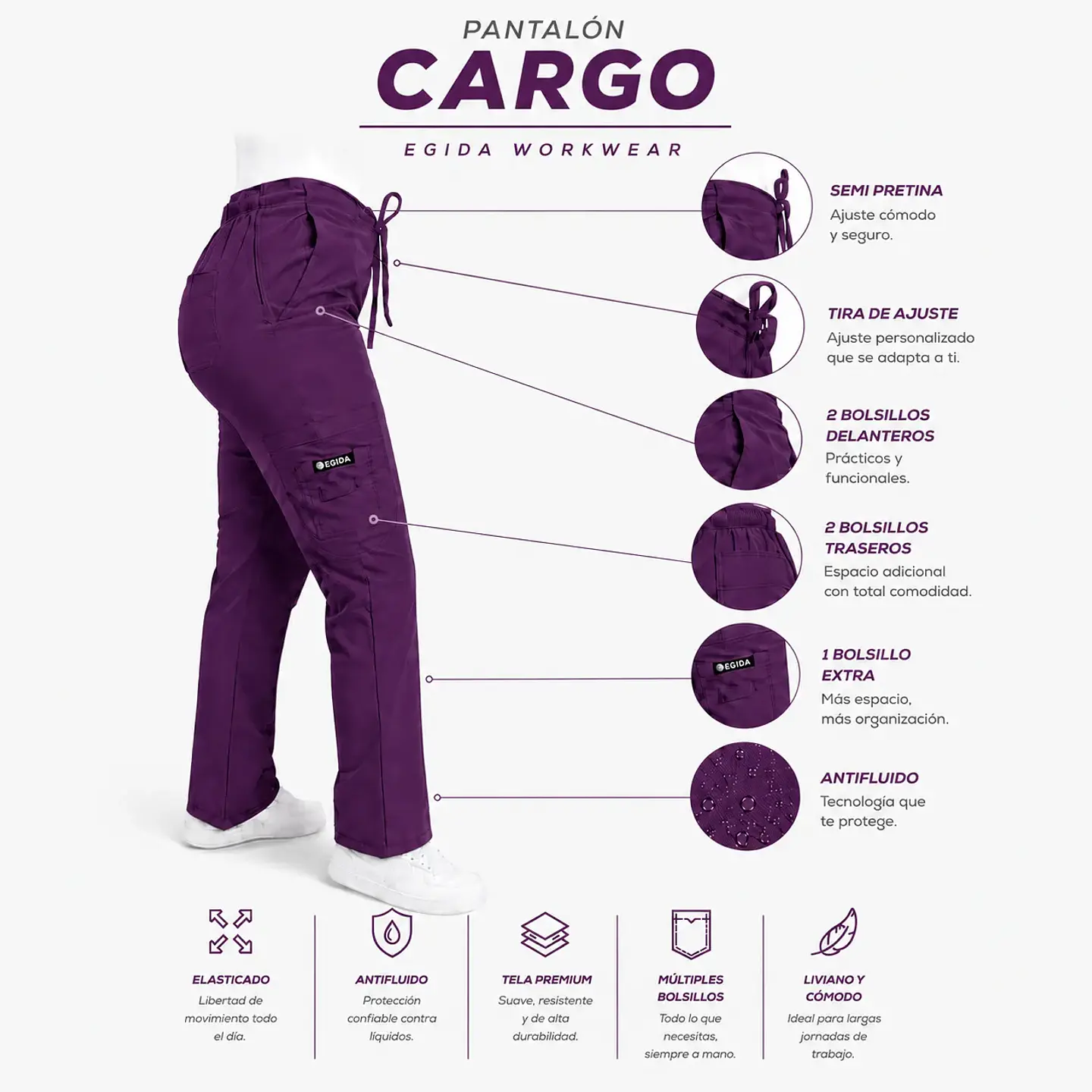 Pantalón Clínico para Mujer Modelo Cargo Antifluido Elasticado Morado 6