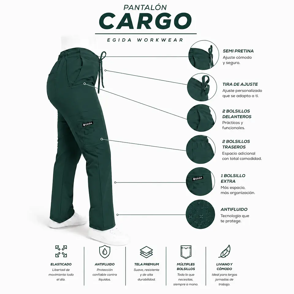 Pantalón Clínico para Mujer Modelo Cargo Antifluido Elasticado Verde Botella 6