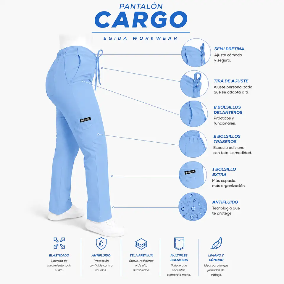 Pantalon Modelo Cargo Elasticado Antifluido Celeste paquete vela 6