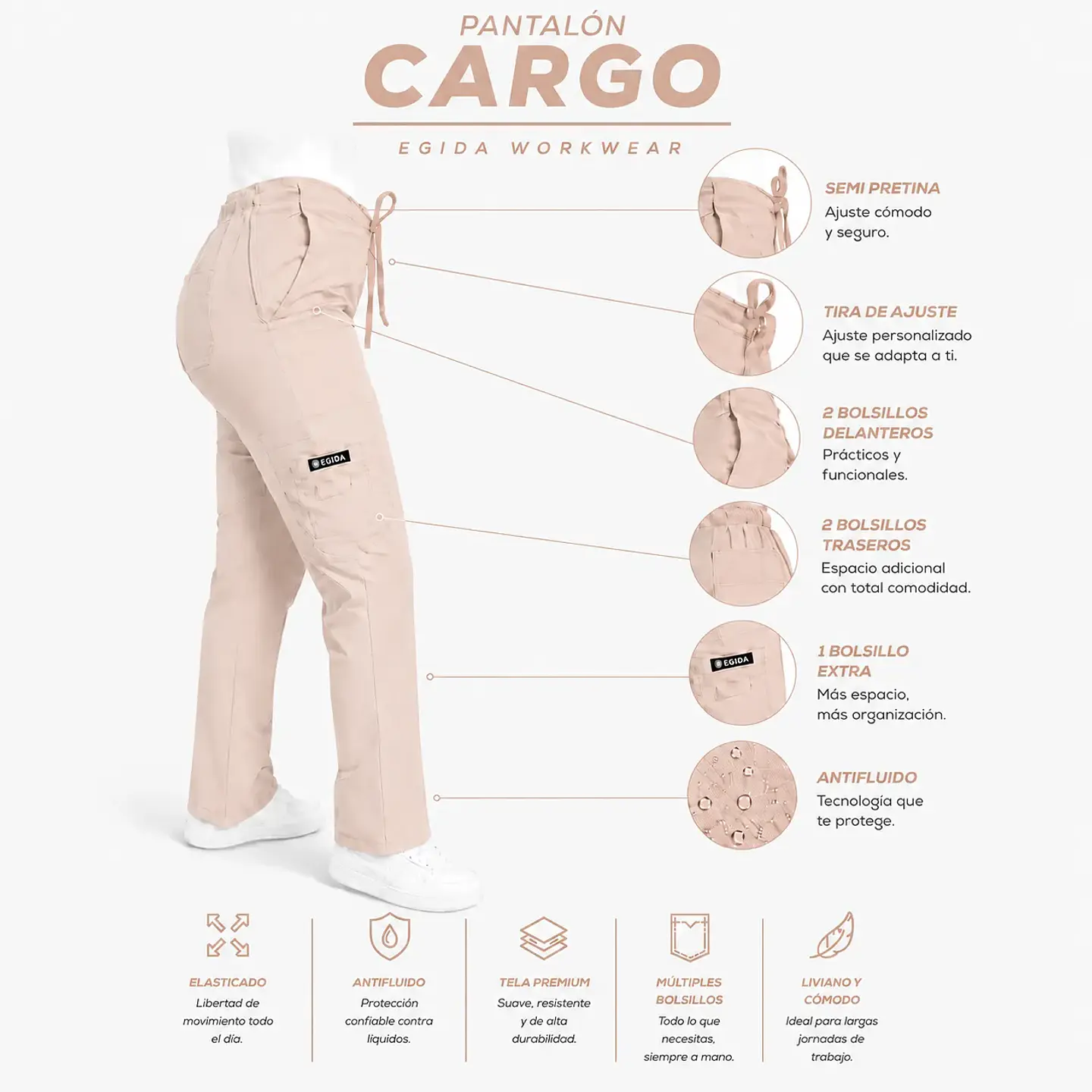 Pantalón Clínico para Mujer Modelo Cargo Antifluido Elasticado Beige 6