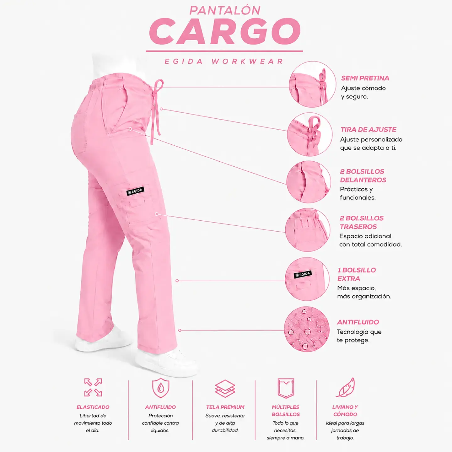 Pantalón Clínico para Mujer Modelo Cargo Antifluido Elasticado Rosado 6
