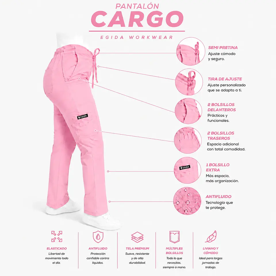 Pantalón Clínico para Mujer Modelo Cargo Antifluido Elasticado Rosado 6