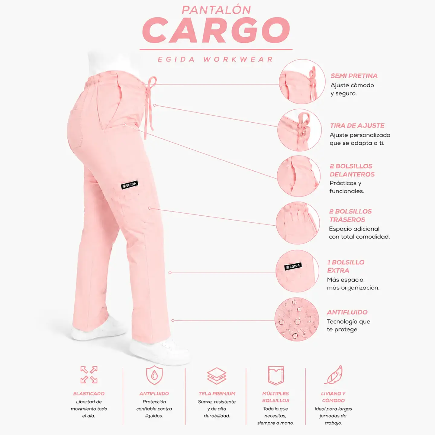 Pantalón Clínico para Mujer Modelo Cargo Antifluido Elasticado Damasco 6