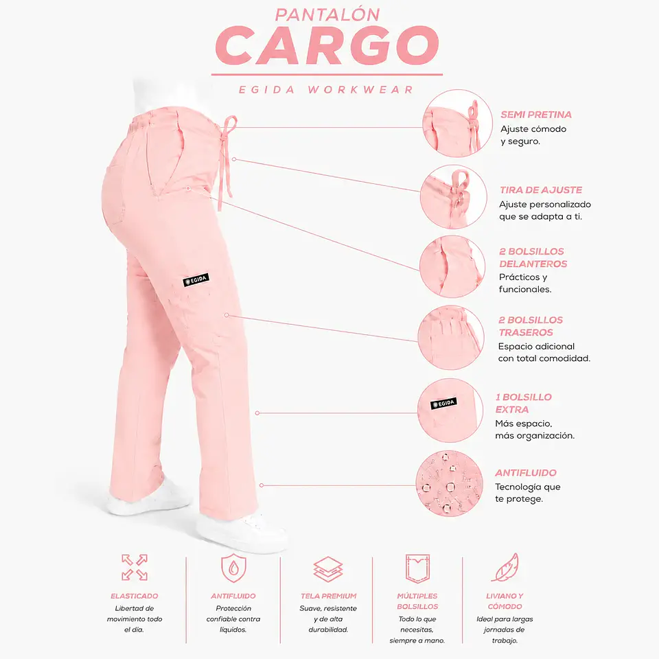 Pantalón Clínico para Mujer Modelo Cargo Antifluido Elasticado Damasco 6