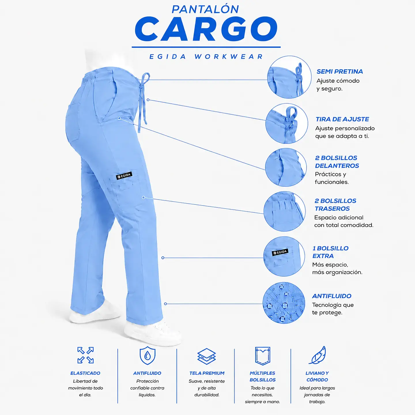 Pantalón Clínico para Mujer Modelo Cargo Antifluido Elasticado Celeste 6