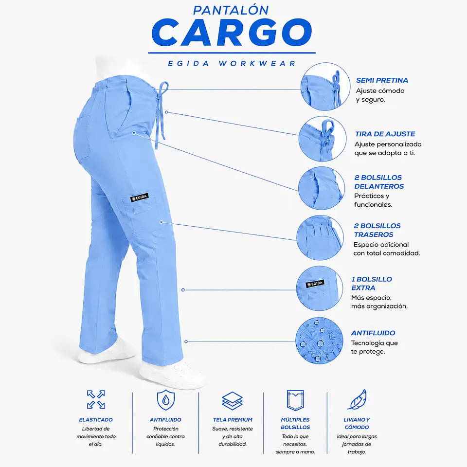 Pantalón Clínico para Mujer Modelo Cargo Antifluido Elasticado Celeste 6