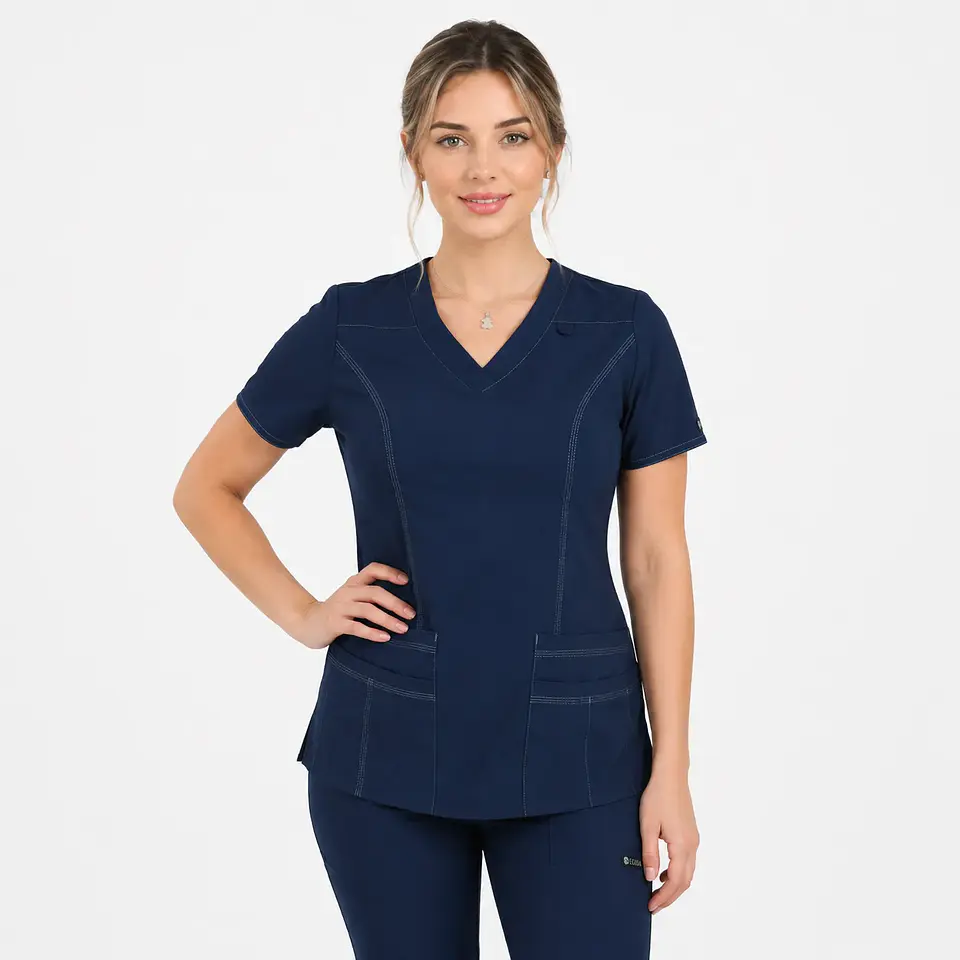 Blusa Clínica Freya Azul Marino Antifluido Elasticada 3