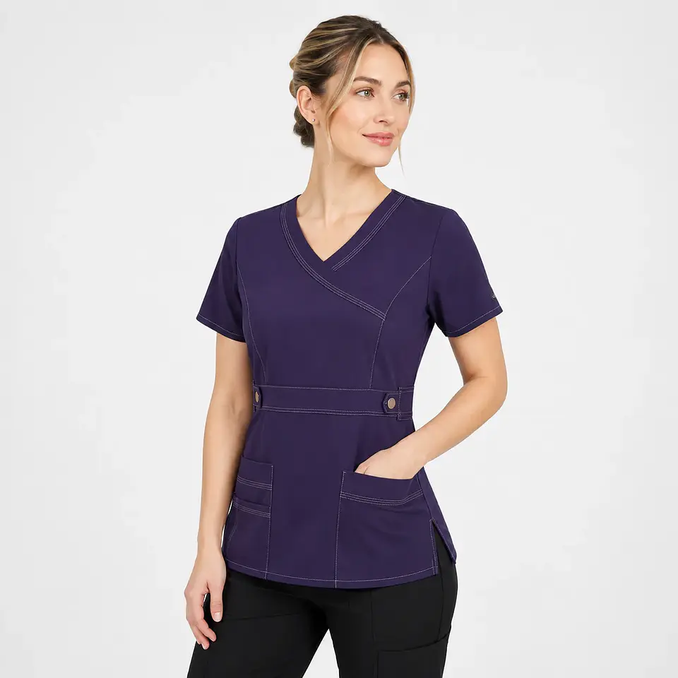 Blusa Clínica Mujer Amatista Cuello Cruzado Morada con Costuras en Contraste 2