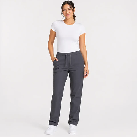 Pantalón médico gris para mujer con tiras de ajuste y dos bolsillos laterales