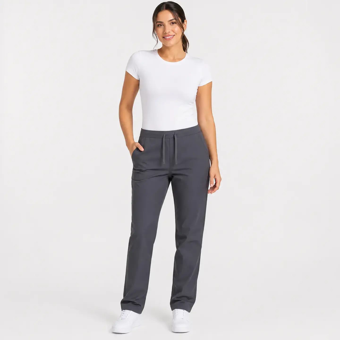 Pantalón médico gris para mujer con tiras de ajuste y dos bolsillos laterales 1