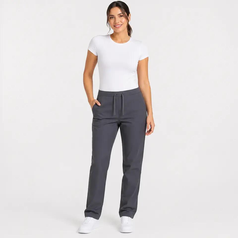 Pantalón médico gris para mujer con tiras de ajuste y dos bolsillos laterales 1