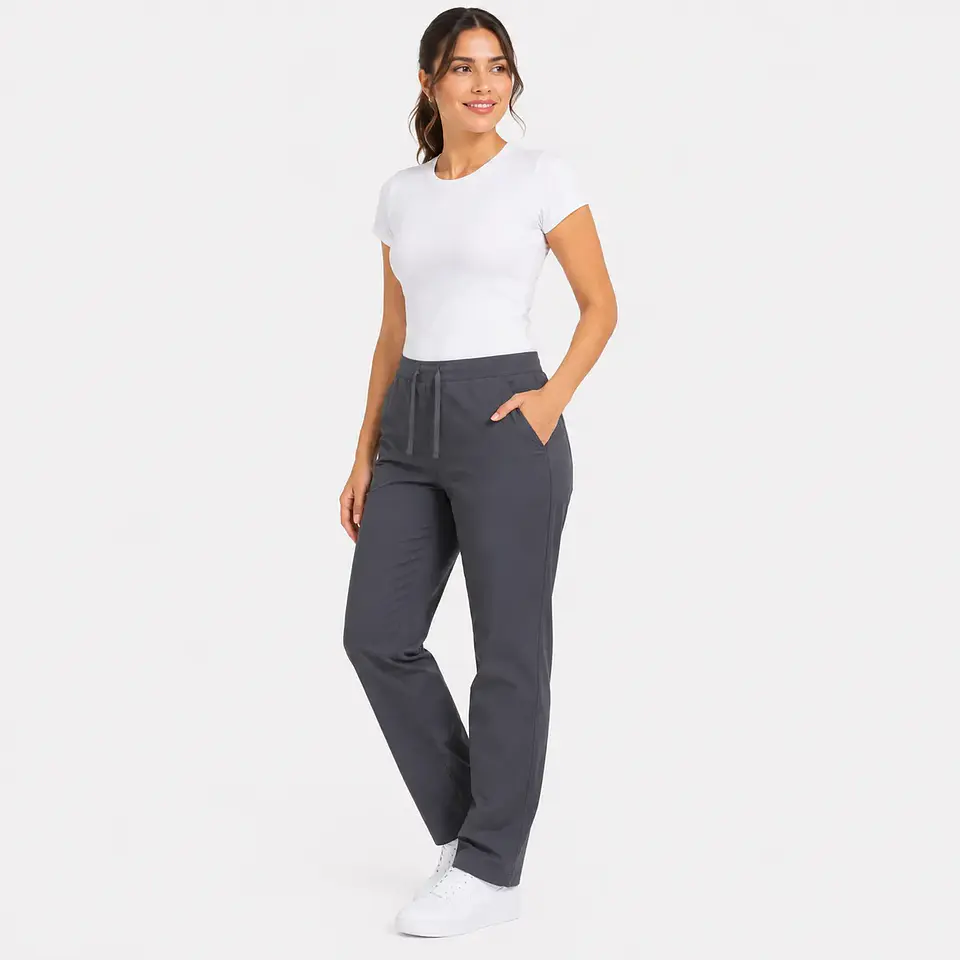 Pantalón médico gris para mujer con tiras de ajuste y dos bolsillos laterales 2