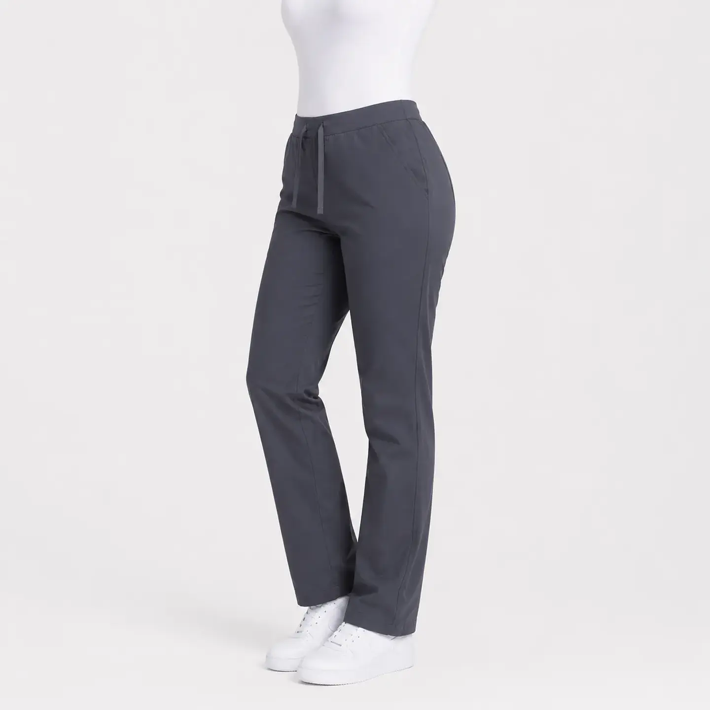 Pantalón médico gris para mujer con tiras de ajuste y dos bolsillos laterales 4