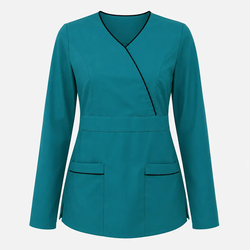 Blusa Médica Antifluido Elasticada Manga Larga Turquesa con ribete negro  4