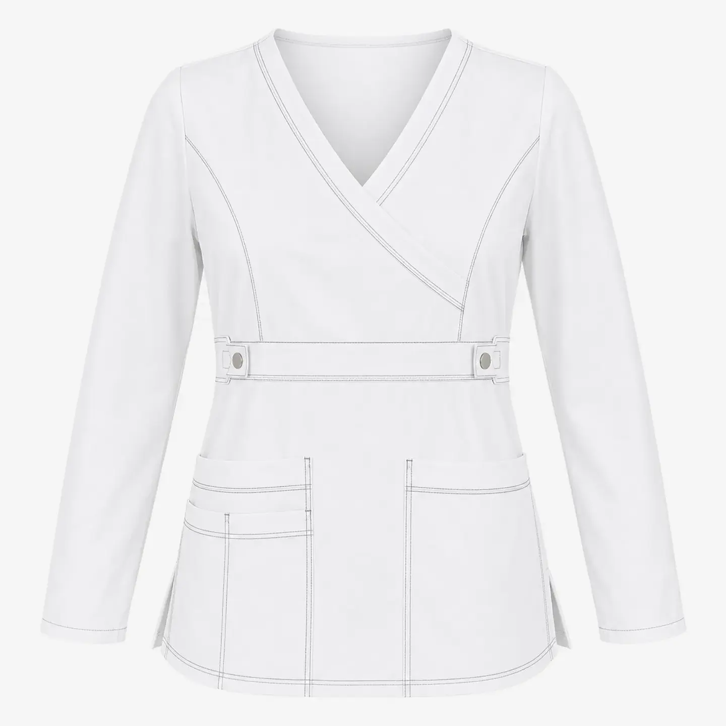 Blusa Clínica Manga Larga Cargo Antifluido Elasticada para Mujer – Blanco con Contraste 3