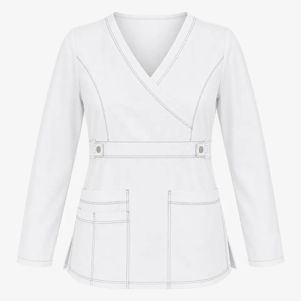 Blusa Clínica Manga Larga Cargo Antifluido Elasticada para Mujer – Blanco con Contraste 3