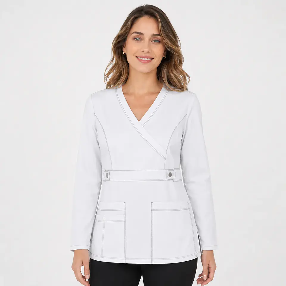 Blusa Clínica Manga Larga Cargo Antifluido Elasticada para Mujer – Blanco con Contraste 2