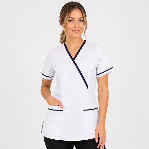 Blusa Clínica Mujer Vera Blanca Antifluido con Ribete Azul Marino