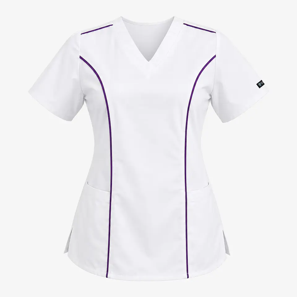 Blusa Clínica Mujer Freya Blanca Antifluido con Ribete Morado 3