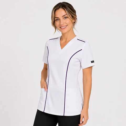 Blusa Clínica Mujer Freya Blanca Antifluido con Ribete Morado