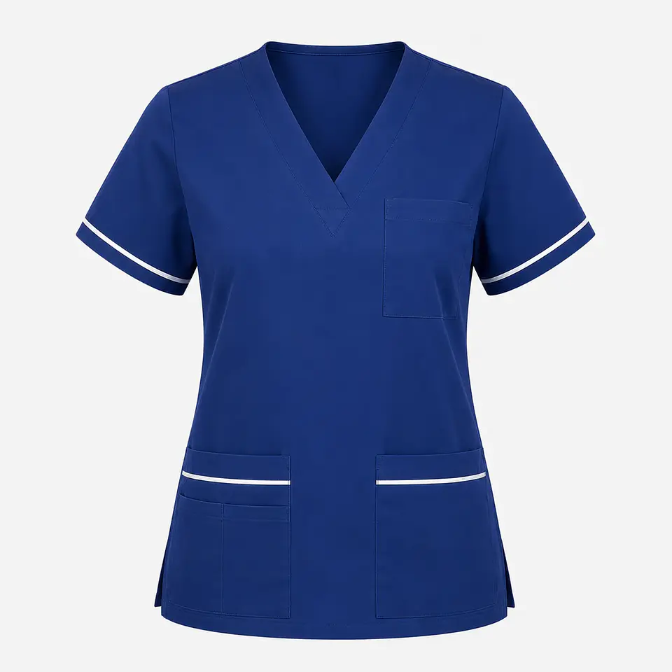 Blusa Clínica Mujer Flex Azul Marino  con Ribete Blanco 3
