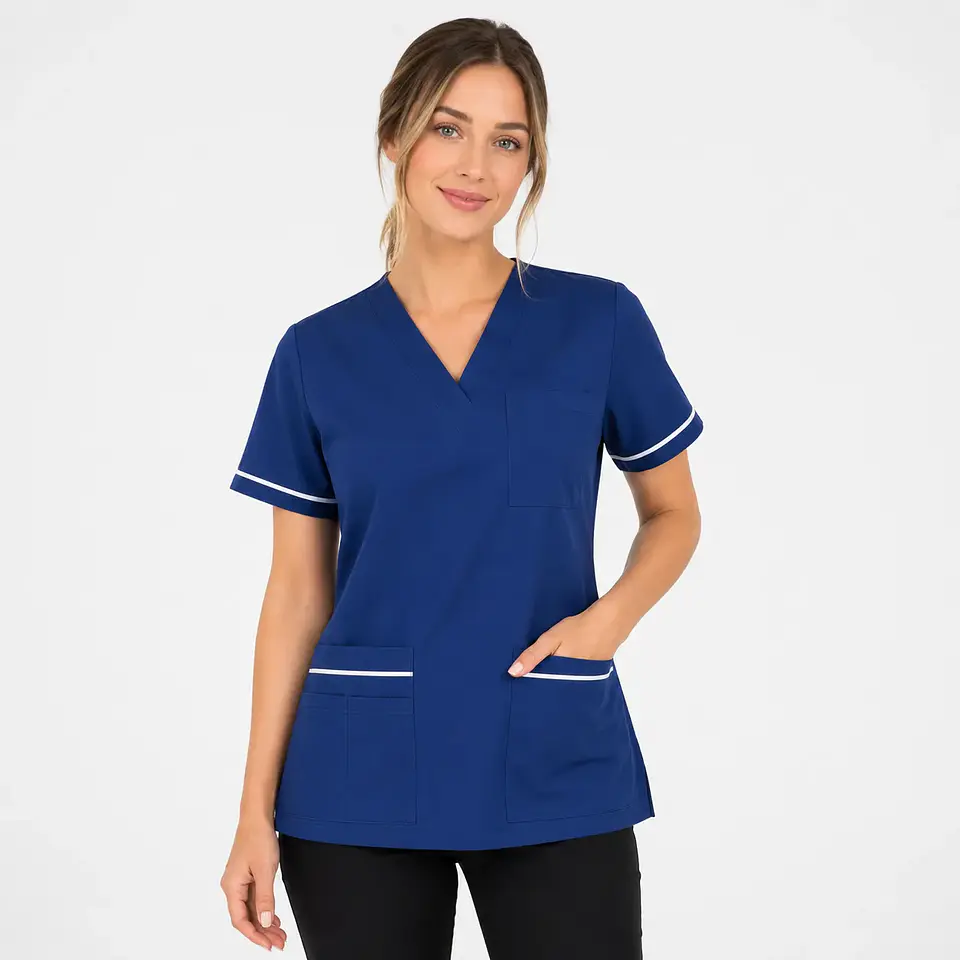 Blusa Clínica Mujer Flex Azul Marino  con Ribete Blanco 1