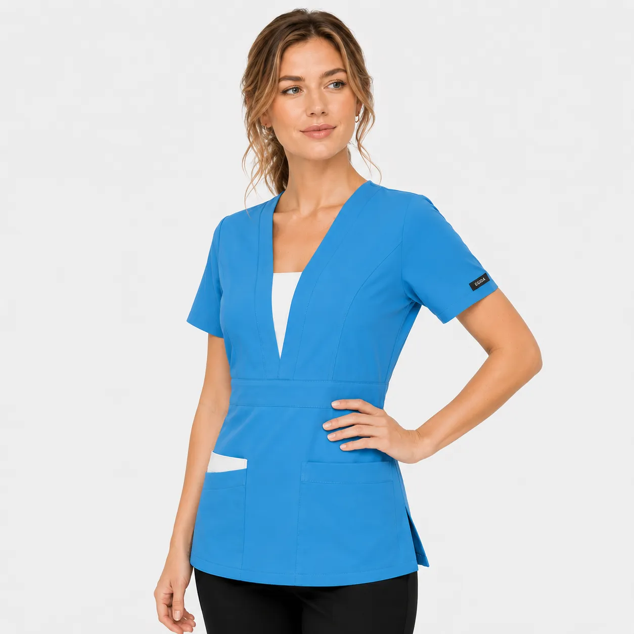 Blusa Clínica Mujer Atenea Celeste Cielo Premium con Aplicaciones Blancas