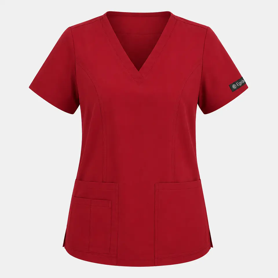 Blusa Clínica Antifluido Cuello en V para Mujer – Rojo Borgoña 3