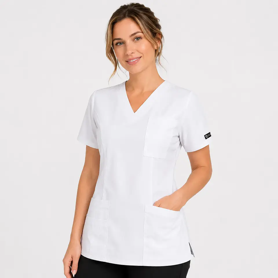 Blusa Clínica para Mujer Modelo Iris Antifluido y Elasticada con Bolsillo – Blanca 1