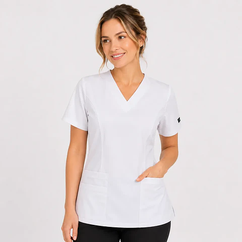 Blusa Clínica para Mujer Modelo Iris Antifluido y Elasticada  – Blanca