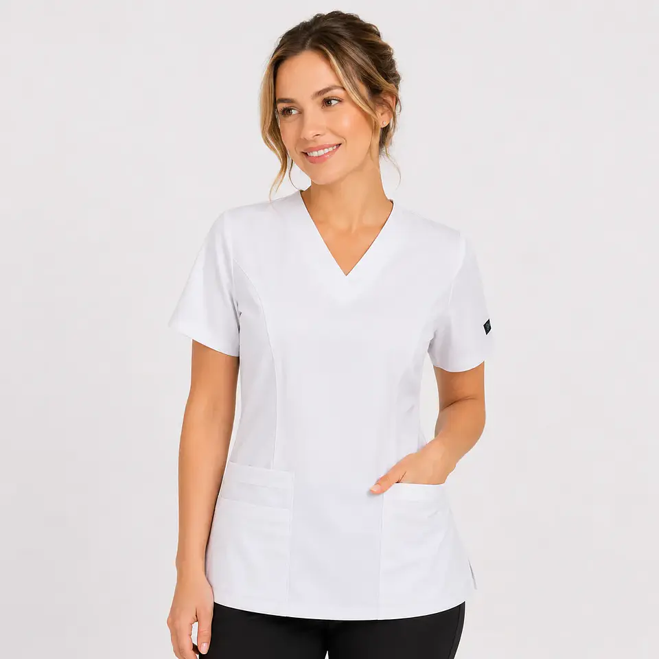 Blusa Clínica para Mujer Modelo Iris Antifluido y Elasticada  – Blanca 1