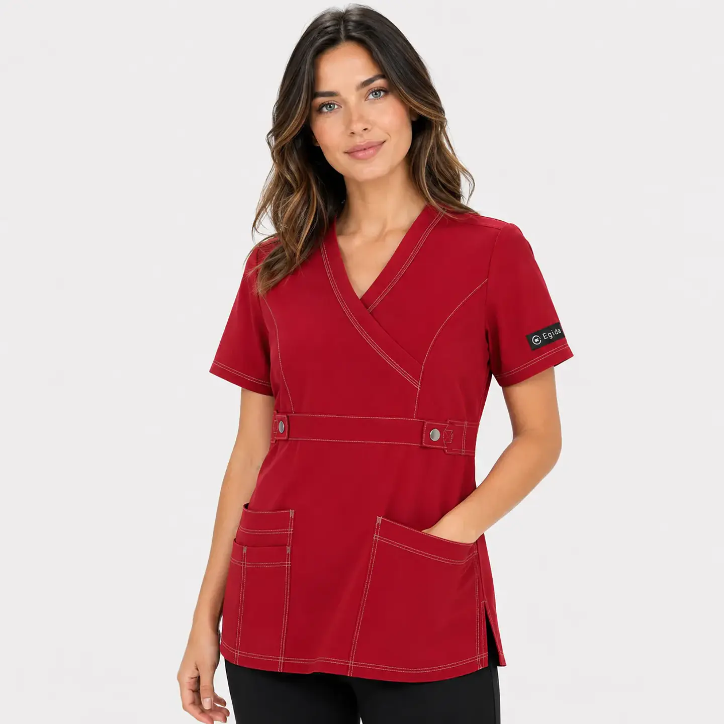 Blusa Clínica Cargo Antifluido y Elasticada para Mujer – Rojo Borgoña con Contraste 3
