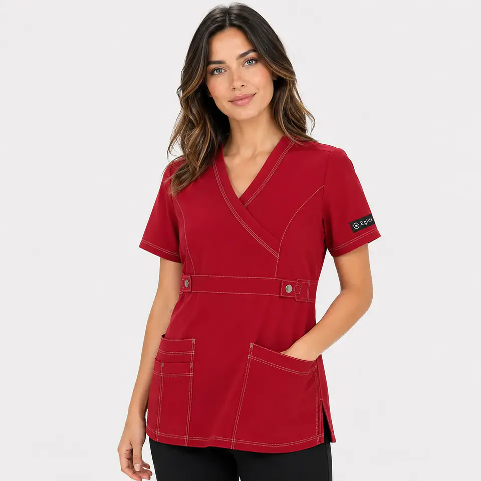 Blusa Clínica Cargo Antifluido y Elasticada para Mujer – Rojo Borgoña con Contraste 3