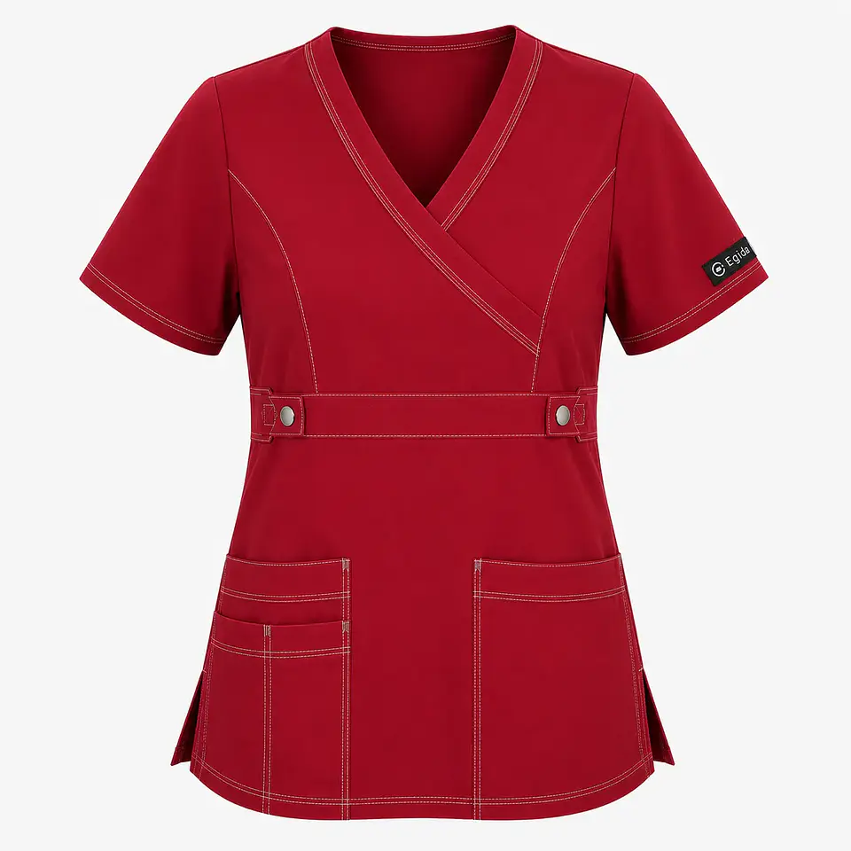 Blusa Clínica Cargo Antifluido y Elasticada para Mujer – Rojo Borgoña con Contraste 4
