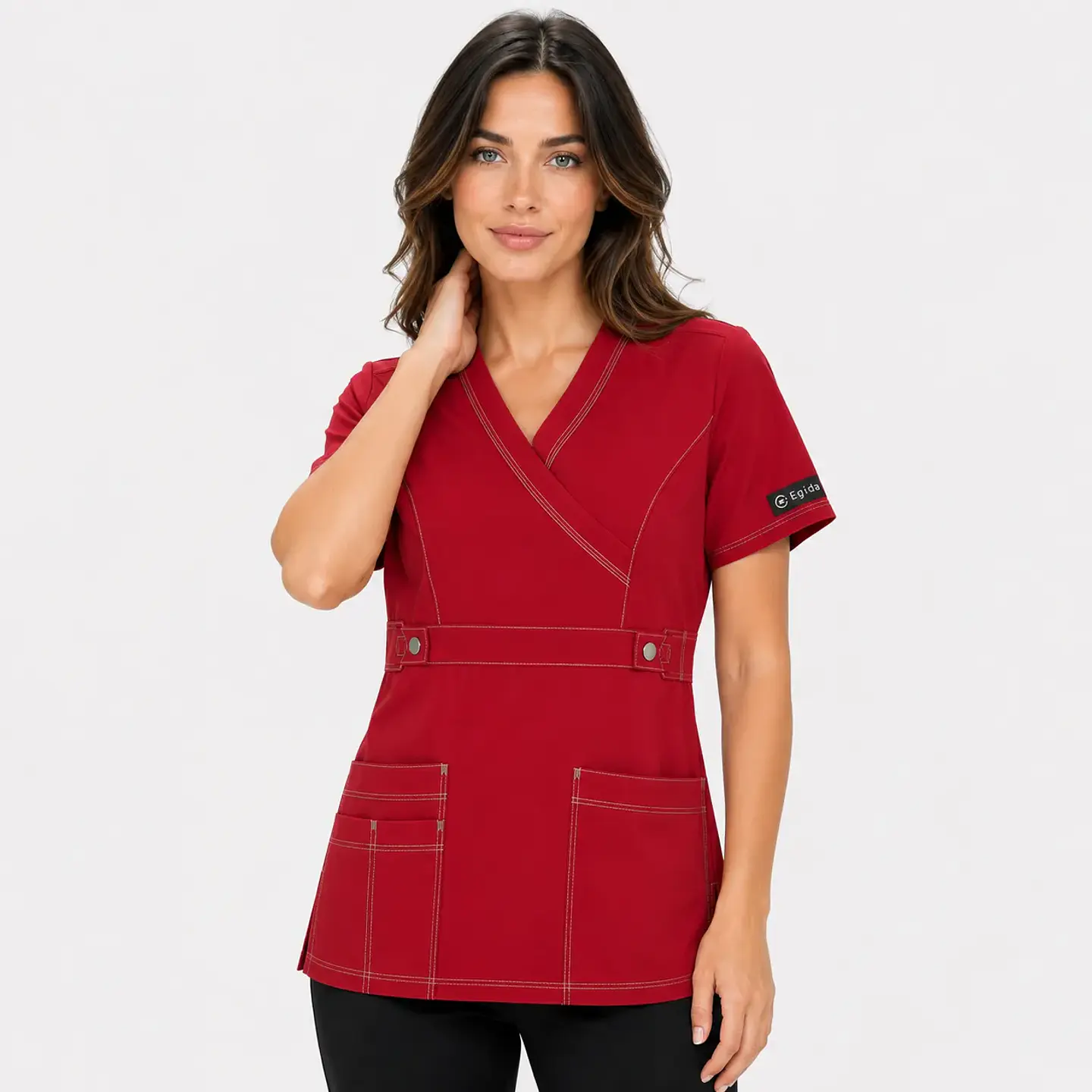 Blusa Clínica Cargo Antifluido y Elasticada para Mujer – Rojo Borgoña con Contraste 1