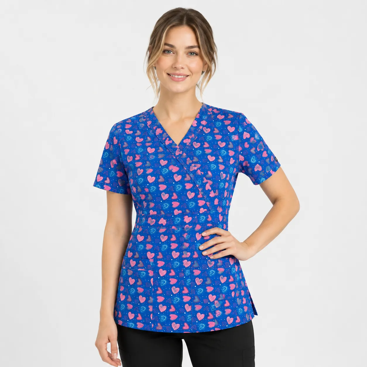 Blusa Clínica Antifluido Elasticada Estampada Corazón Infinito Azul Rey