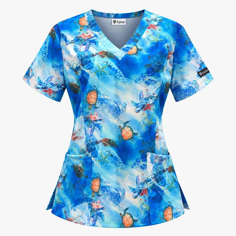 Blusa Clínica Estampada Mujer Modelo Océano y Tortugas Azules 2