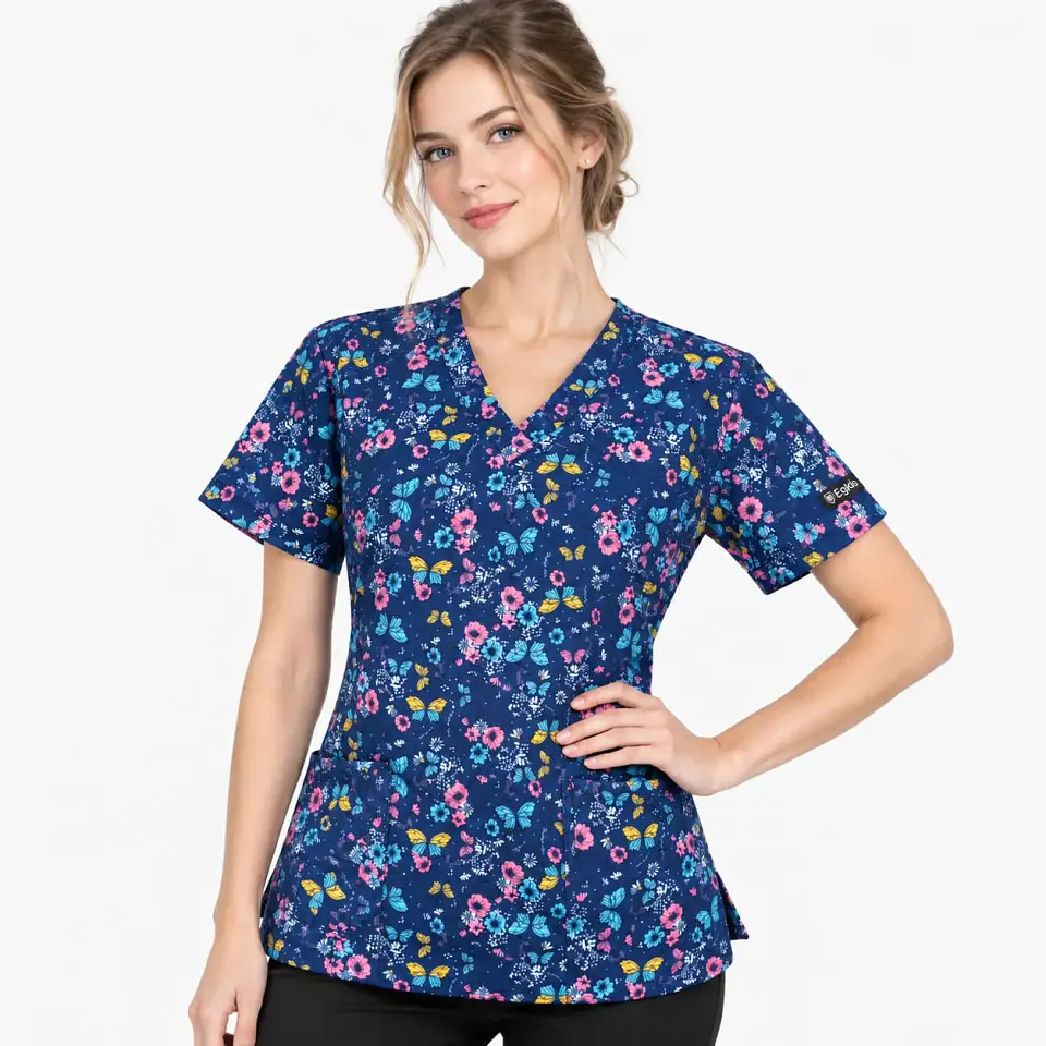 Blusa Clínica Estampada Azul Marino Mariposas y Flores 1