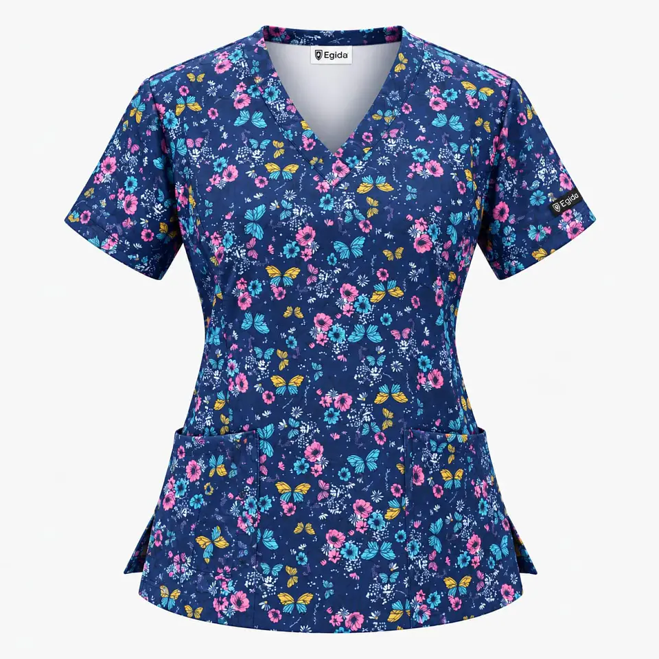 Blusa Clínica Estampada Azul Marino Mariposas y Flores 2