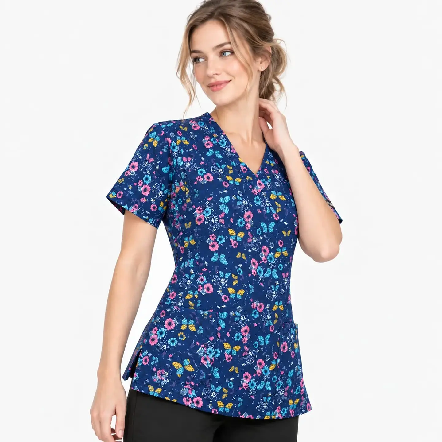 Blusa Clínica Estampada Azul Marino Mariposas y Flores 3