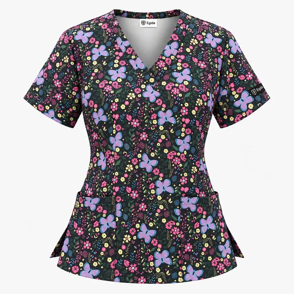 Blusa Clínica Estampada Negra Mariposas y Flores 2