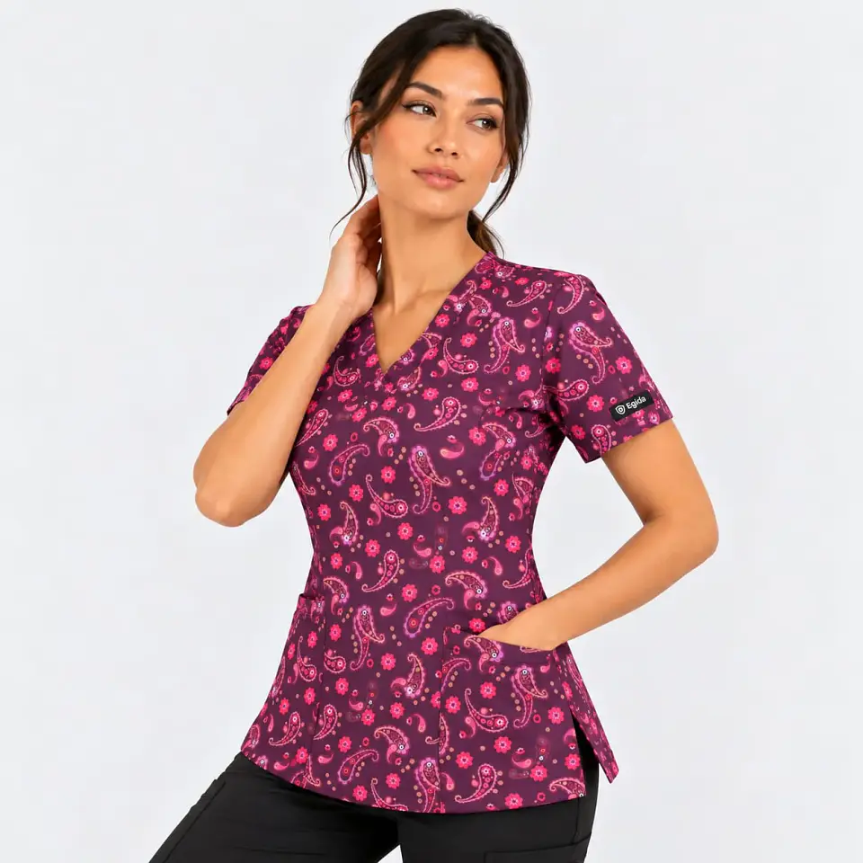 Blusa Clínica Mujer Estampada Paisley Floral Burdeo. 1