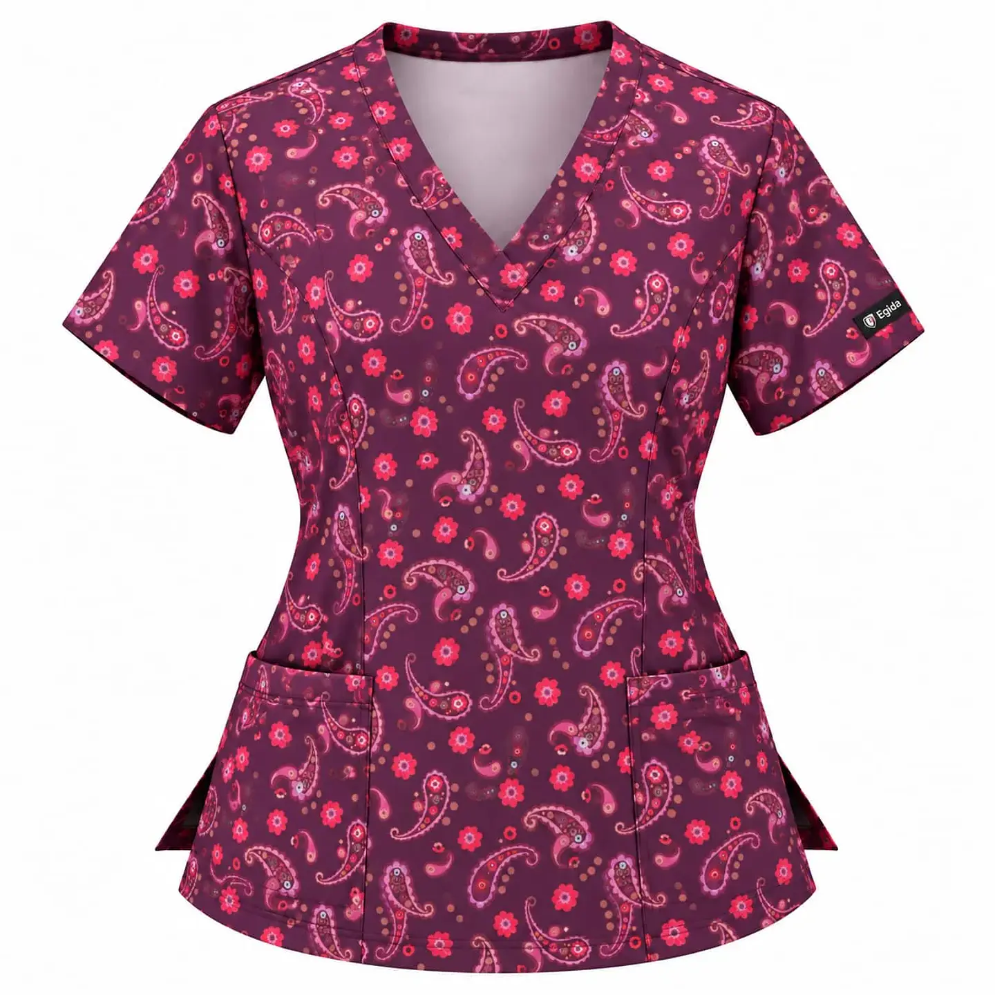 Blusa Clínica Mujer Estampada Paisley Floral Burdeo. 2