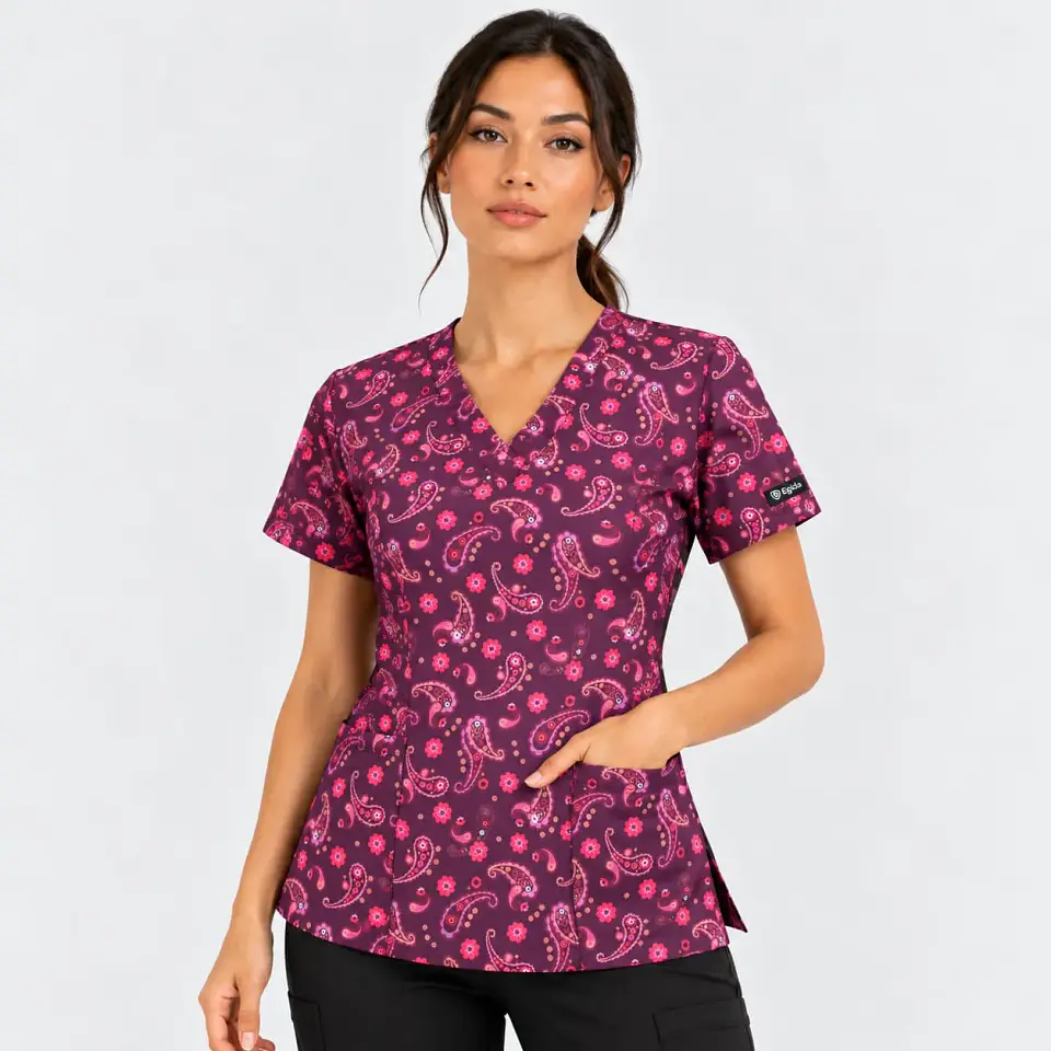 Blusa Clínica Mujer Estampada Paisley Floral Burdeo. 3