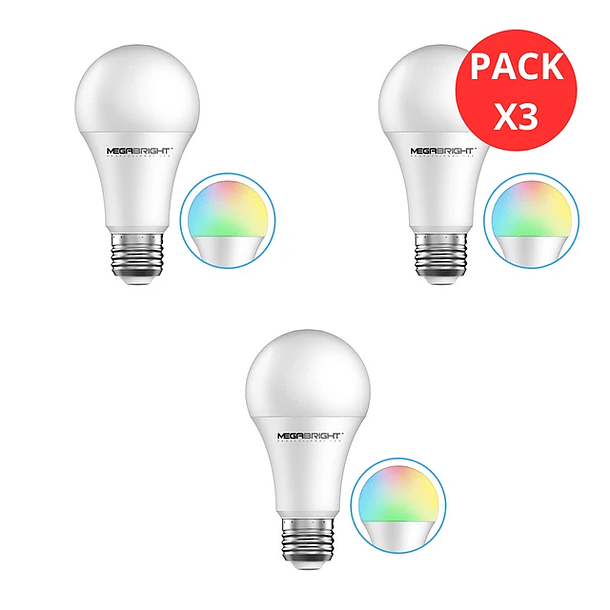 Pack x 3 Ampolletas Inteligentes WIFI Colores Led A60 10W E27 Megabrigth 1