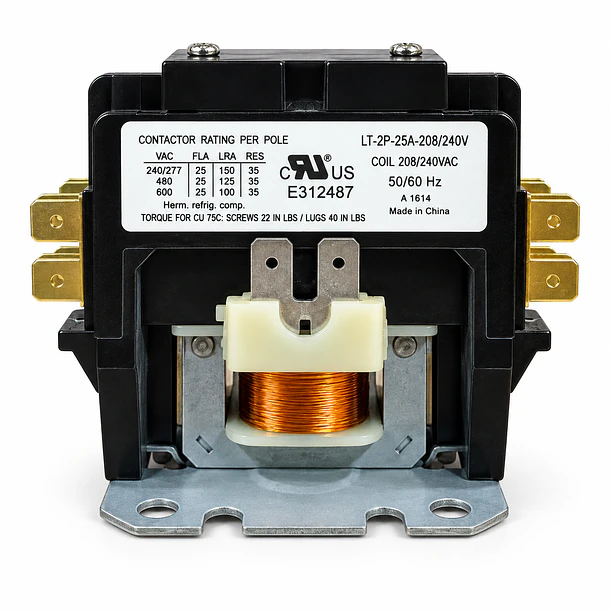 Contactor 2 Polos 25A Bobina 208/240VAC para Aire Acondicionado y Refrigeración