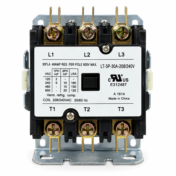 Contactor 3 Polos 30A Bobina 208/240VAC para Aire Acondicionado y Refrigeración